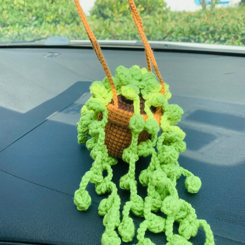 Cute Car Mirror Hanging bracketplant chlorophytum comosum flower Interior Rear View Mirror Flower Car Accessories Crochet gift for car