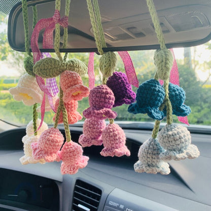 handmade Cute Car Mirror Hanging lily of the valley flower Interior Rear View Mirror Flower Car Accessories Crochet car gift