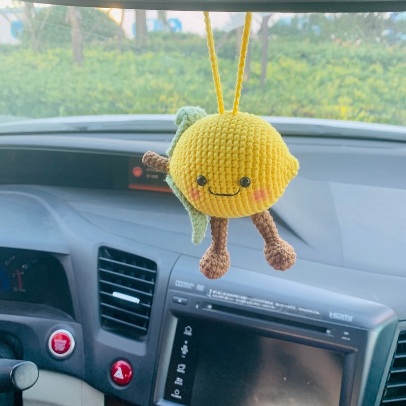Cute Smiling face Happy lemon Car Mirror Hanging Interior Rear View Mirror Flower Car Accessories Crochet gift for car