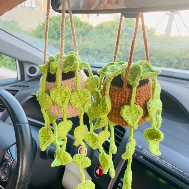 Cute Love Chlorophytum comosum bracketplant Car Mirror Hanging Interior Rear View Mirror Flower Car Accessories Crochet gift for car