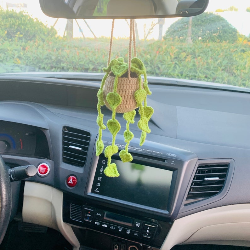 Cute Love Chlorophytum comosum bracketplant Car Mirror Hanging Interior Rear View Mirror Flower Car Accessories Crochet gift for car