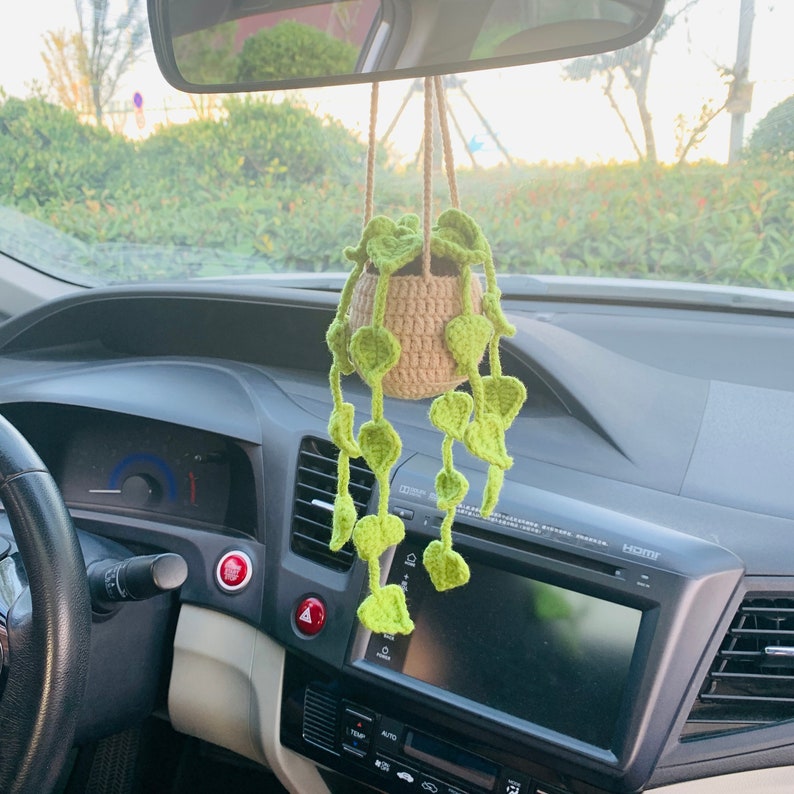 Cute Love Chlorophytum comosum bracketplant Car Mirror Hanging Interior Rear View Mirror Flower Car Accessories Crochet gift for car