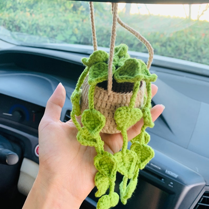 Cute Love Chlorophytum comosum bracketplant Car Mirror Hanging Interior Rear View Mirror Flower Car Accessories Crochet gift for car