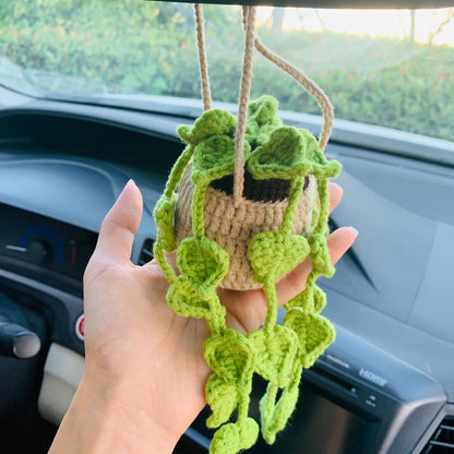Cute Love Chlorophytum comosum bracketplant Car Mirror Hanging Interior Rear View Mirror Flower Car Accessories Crochet gift for car