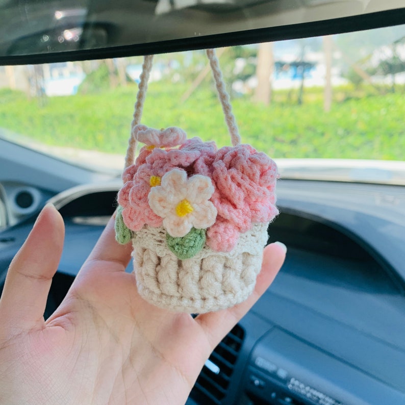 Cute Car Mirror Hanging mini rose flower Interior Rear View Mirror Flower Car Accessories Crochet gift for car