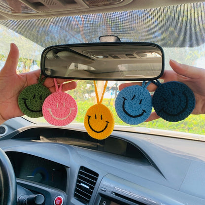 Cute Car Mirror Hanging smiling face flower Interior Rear View Mirror Flower Car Accessories Crochet gift for car