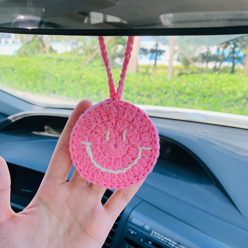 Cute Car Mirror Hanging smiling face flower Interior Rear View Mirror Flower Car Accessories Crochet gift for car