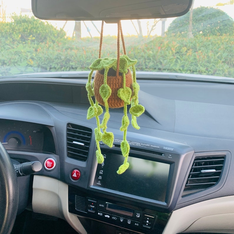 Cute Love Chlorophytum comosum bracketplant Car Mirror Hanging Interior Rear View Mirror Flower Car Accessories Crochet gift for car
