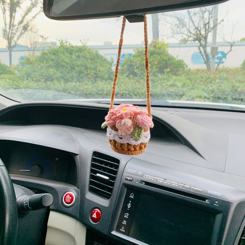 Cute rose kawaii Flower Car Mirror Hanging Charm Fruit Decor Teens Interior Rear View Mirror car Accessories for Womenflower basket