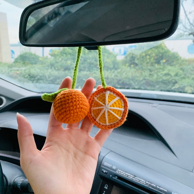 Cute Car Mirror Hanging Orange fruit car Interior Rear View Mirror Flower Car Accessories Crochet gift for car