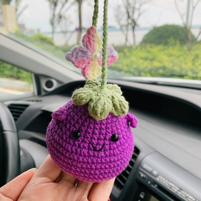 Cute flower Smiley face eggplant Flower Car Mirror Hanging Charm Fruit Decor Teens Interior Rear View Mirror car Accessories for Women