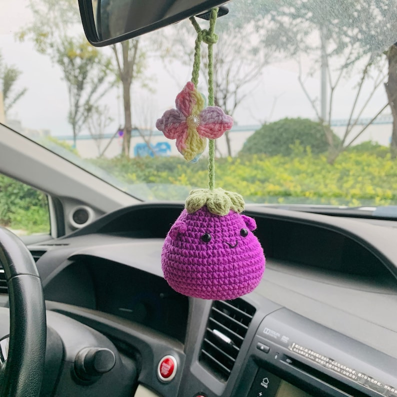 Cute flower Smiley face eggplant Flower Car Mirror Hanging Charm Fruit Decor Teens Interior Rear View Mirror car Accessories for Women