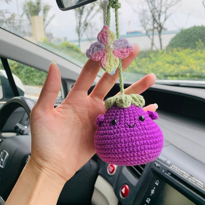 Cute flower Smiley face eggplant Flower Car Mirror Hanging Charm Fruit Decor Teens Interior Rear View Mirror car Accessories for Women