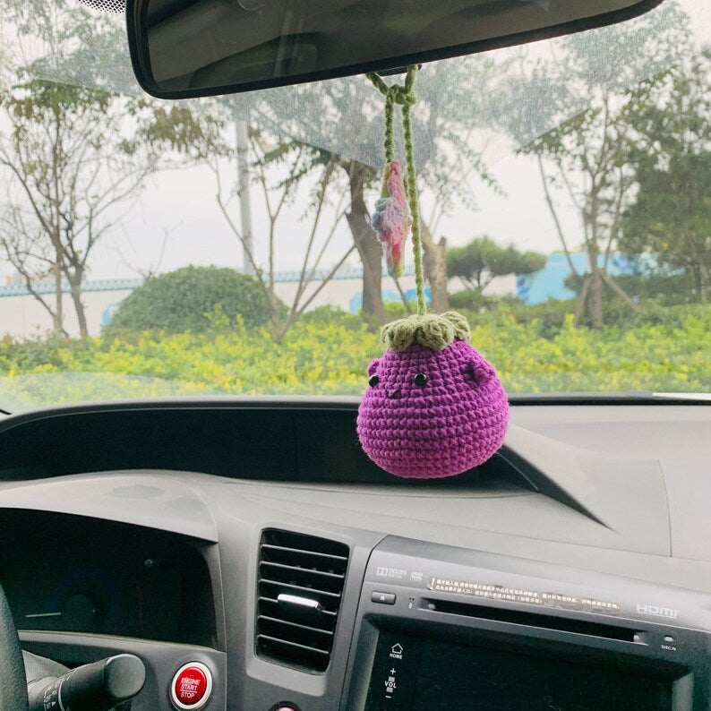 Cute flower Smiley face eggplant Flower Car Mirror Hanging Charm Fruit Decor Teens Interior Rear View Mirror car Accessories for Women