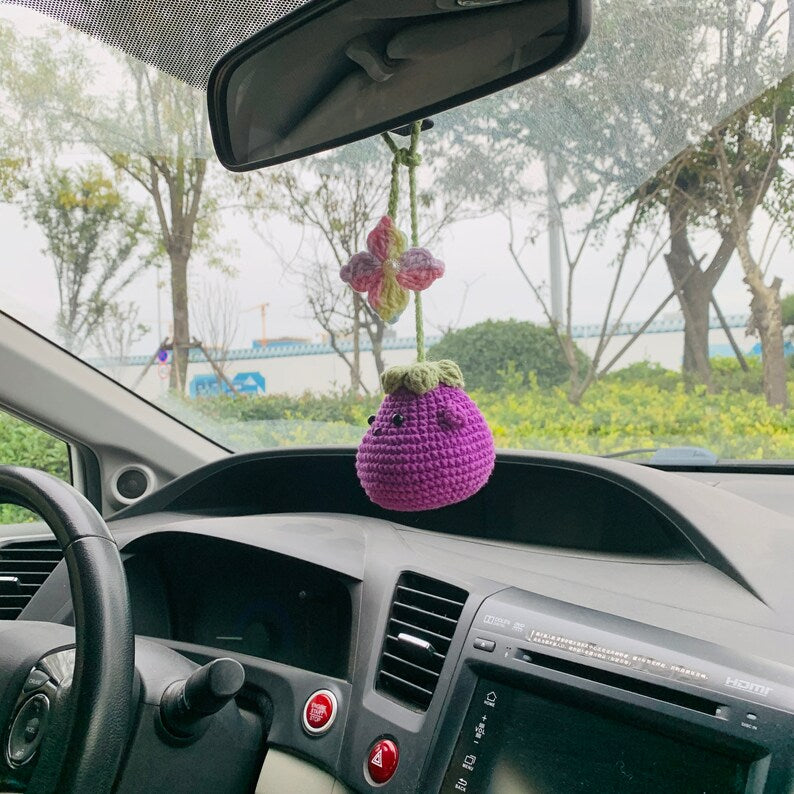 Cute flower Smiley face eggplant Flower Car Mirror Hanging Charm Fruit Decor Teens Interior Rear View Mirror car Accessories for Women