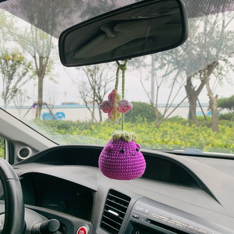 Cute flower Smiley face eggplant Flower Car Mirror Hanging Charm Fruit Decor Teens Interior Rear View Mirror car Accessories for Women