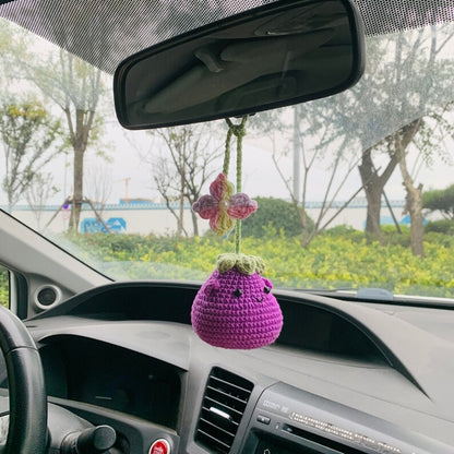 Cute flower Smiley face eggplant Flower Car Mirror Hanging Charm Fruit Decor Teens Interior Rear View Mirror car Accessories for Women