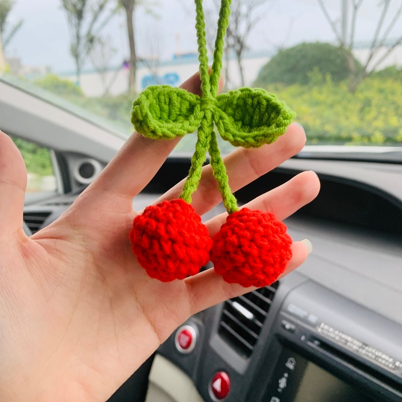 Cute Cherry kawaii Flower Car Mirror Hanging Charm Fruit Decor Teens Interior Rear View Mirror car Accessories for Women