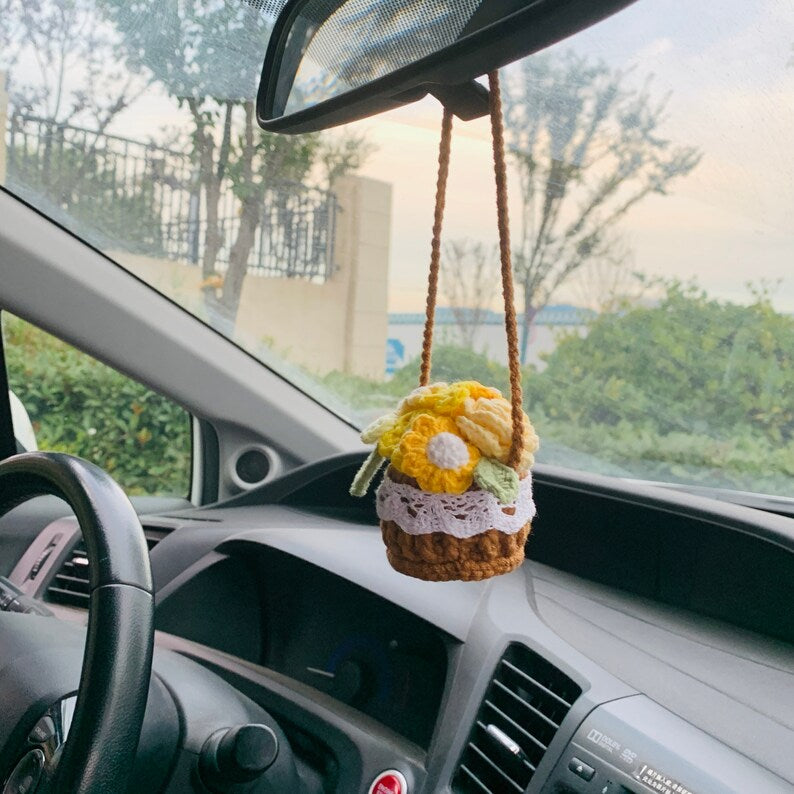 Cute rose kawaii Flower Car Mirror Hanging Charm Fruit Decor Teens Interior Rear View Mirror car Accessories for Womenflower basket