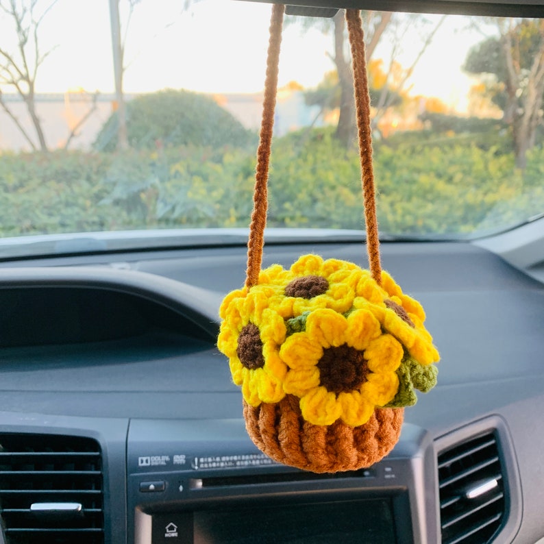 crochet Cute sunflower basket kawaii Car Mirror Hanging Charm Fruit Decor Teens Interior Rear View Mirror car Accessories for Women