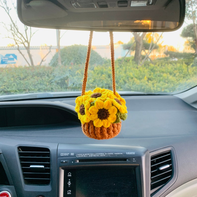 crochet Cute sunflower basket kawaii Car Mirror Hanging Charm Fruit Decor Teens Interior Rear View Mirror car Accessories for Women