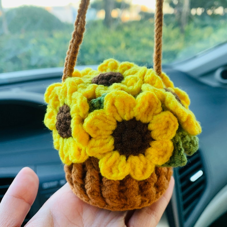 crochet Cute sunflower basket kawaii Car Mirror Hanging Charm Fruit Decor Teens Interior Rear View Mirror car Accessories for Women