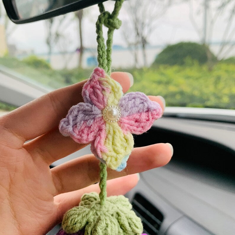 Cute flower Smiley face eggplant Flower Car Mirror Hanging Charm Fruit Decor Teens Interior Rear View Mirror car Accessories for Women