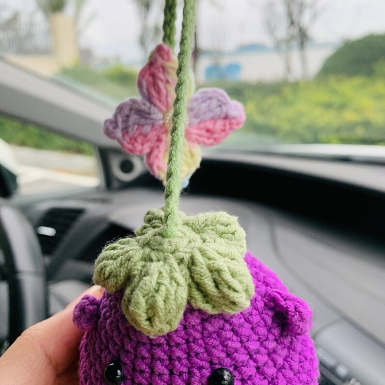 Cute flower Smiley face eggplant Flower Car Mirror Hanging Charm Fruit Decor Teens Interior Rear View Mirror car Accessories for Women
