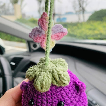 Cute flower Smiley face eggplant Flower Car Mirror Hanging Charm Fruit Decor Teens Interior Rear View Mirror car Accessories for Women