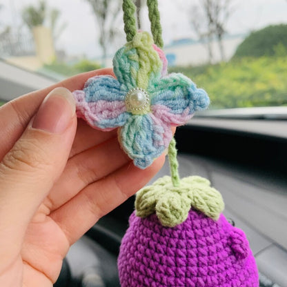 Cute flower Smiley face eggplant Flower Car Mirror Hanging Charm Fruit Decor Teens Interior Rear View Mirror car Accessories for Women