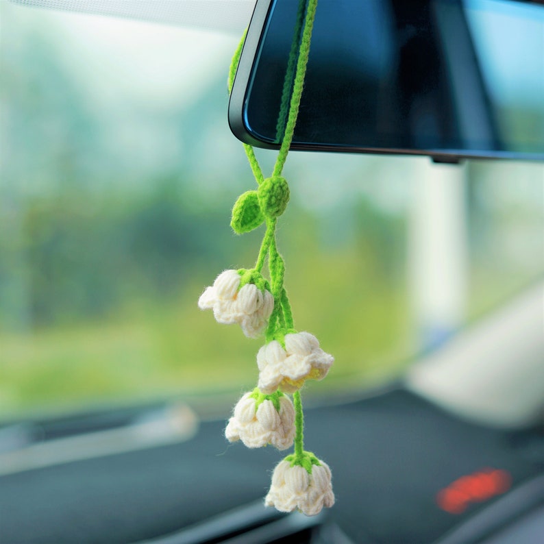 Crochet Rainbow Lily of the Valley Car Mirror Hanging - Handmade Boho Car Decor