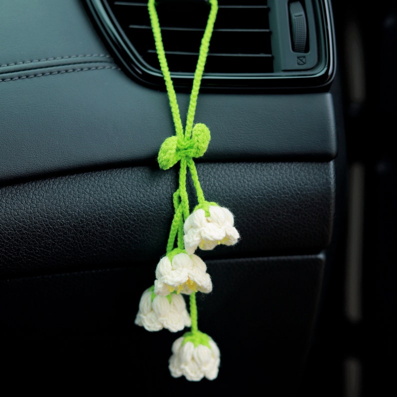 Crochet Rainbow Lily of the Valley Car Mirror Hanging - Handmade Boho Car Decor