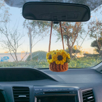 crochet Cute sunflower basket kawaii Car Mirror Hanging Charm Fruit Decor Teens Interior Rear View Mirror car Accessories for Women