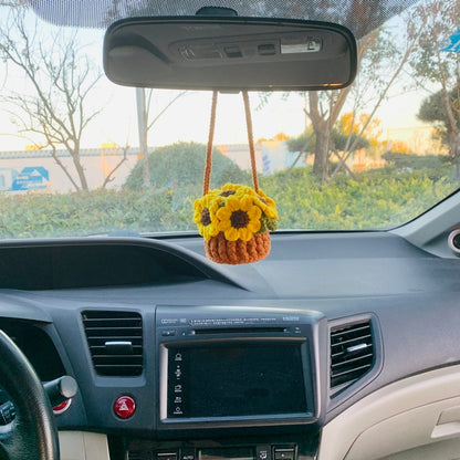 crochet Cute sunflower basket kawaii Car Mirror Hanging Charm Fruit Decor Teens Interior Rear View Mirror car Accessories for Women