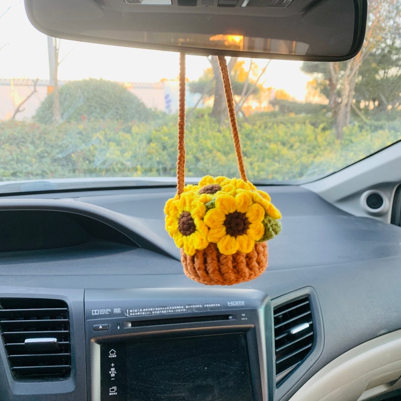 crochet Cute sunflower basket kawaii Car Mirror Hanging Charm Fruit Decor Teens Interior Rear View Mirror car Accessories for Women