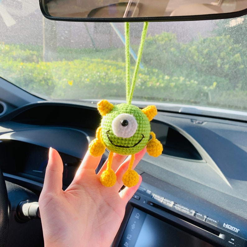 Cute Little monster Car Mirror Hanging Interior Rear View Mirror Flower Car Accessories Crochet car gift