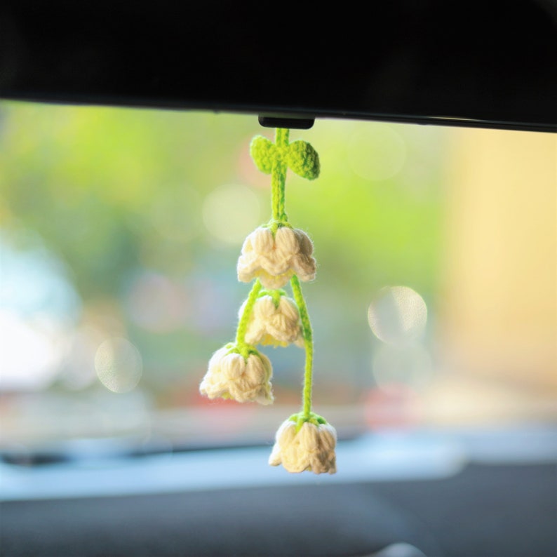 Crochet Rainbow Lily of the Valley Car Mirror Hanging - Handmade Boho Car Decor