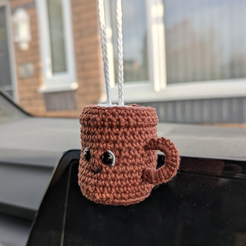 Crochet Cappuccino Coffee Mug Car Charm | Rearview Mirror Car Hanger