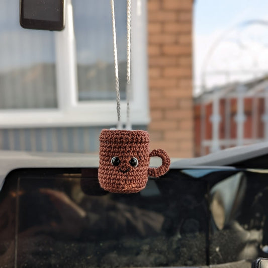 Crochet Cappuccino Coffee Mug Car Charm | Rearview Mirror Car Hanger