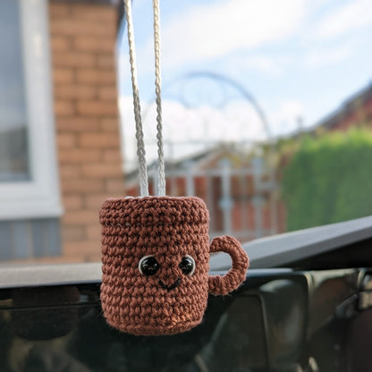 Crochet Cappuccino Coffee Mug Car Charm | Rearview Mirror Car Hanger