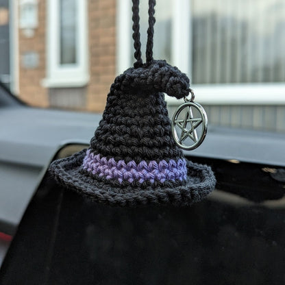 Crochet Witch Hat Car Charm with Pentacle, Halloween Ornament, Gothic Decor