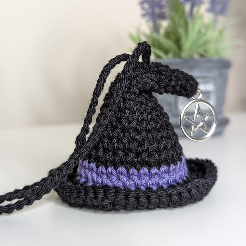 Crochet Witch Hat Car Charm with Pentacle, Halloween Ornament, Gothic Decor