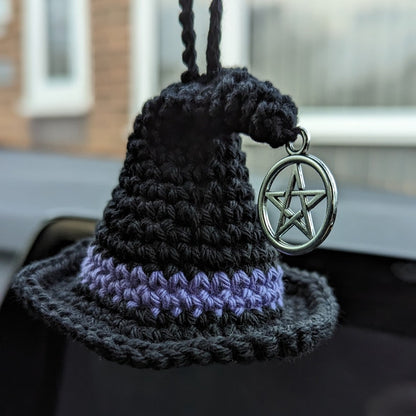 Crochet Witch Hat Car Charm with Pentacle, Halloween Ornament, Gothic Decor
