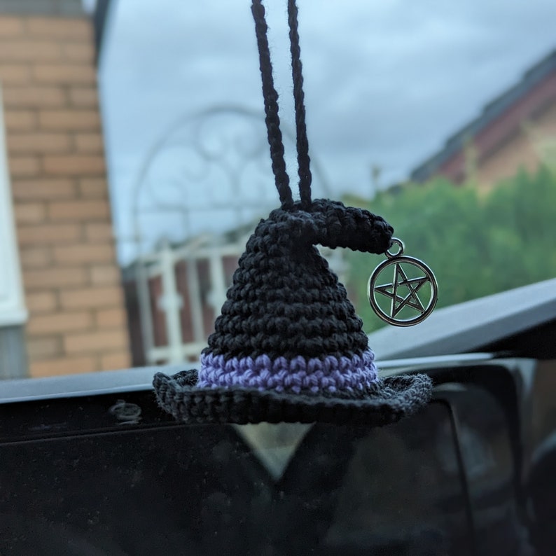 Crochet Witch Hat Car Charm with Pentacle, Halloween Ornament, Gothic Decor