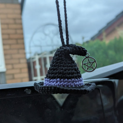 Crochet Witch Hat Car Charm with Pentacle, Halloween Ornament, Gothic Decor