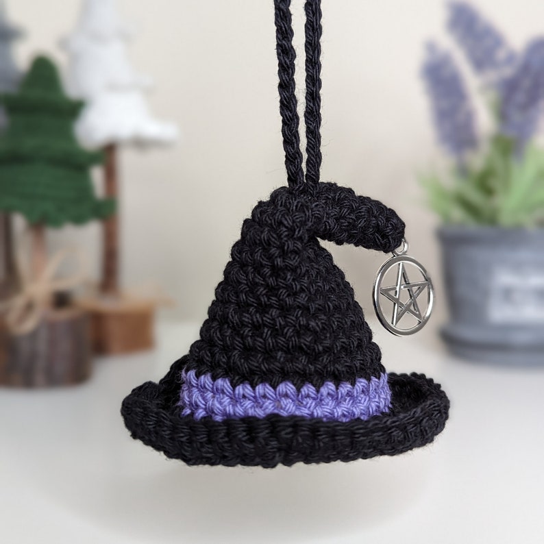 Crochet Witch Hat Car Charm with Pentacle, Halloween Ornament, Gothic Decor
