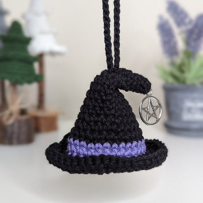 Crochet Witch Hat Car Charm with Pentacle, Halloween Ornament, Gothic Decor