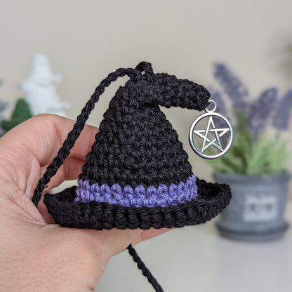 Crochet Witch Hat Car Charm with Pentacle, Halloween Ornament, Gothic Decor