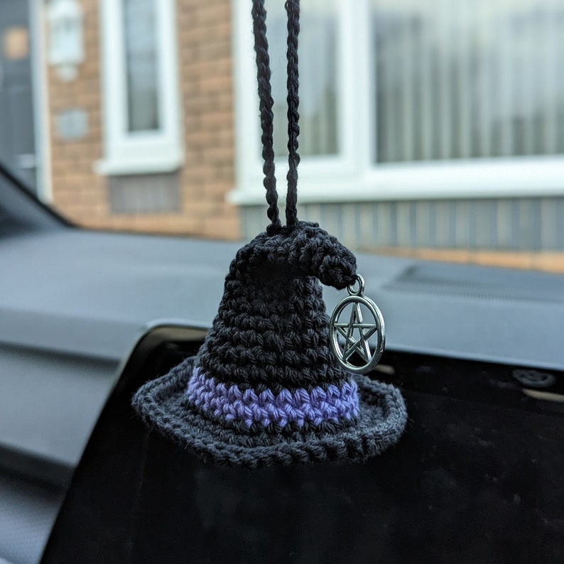 Crochet Witch Hat Car Charm with Pentacle, Halloween Ornament, Gothic Decor