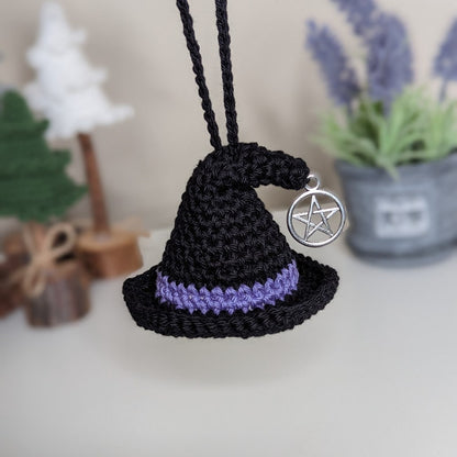 Crochet Witch Hat Car Charm with Pentacle, Halloween Ornament, Gothic Decor
